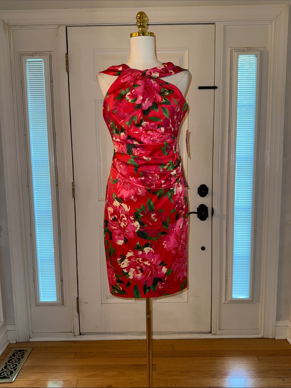 Eliza J One-Shoulder Floral Sheath Dress in Fuchsia and Green